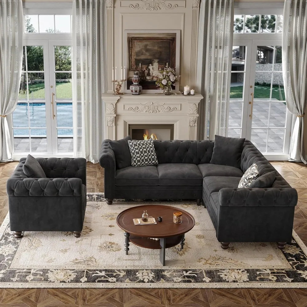 Luxury Velvet Chesterfield L-Shaped Sectional – Classic Button-Tufted Design & Timeless Elegance