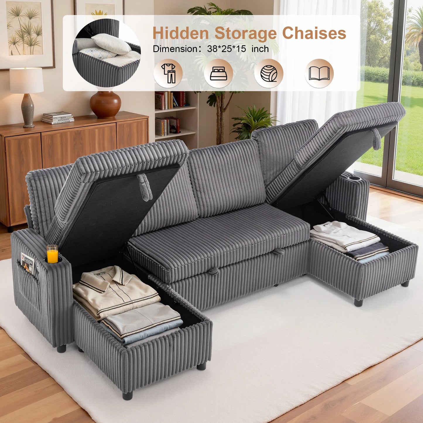 Corduroy Pull-Out Sleeper Sectional with Hidden Storage, USB/Type-C Charging, Cup Holders