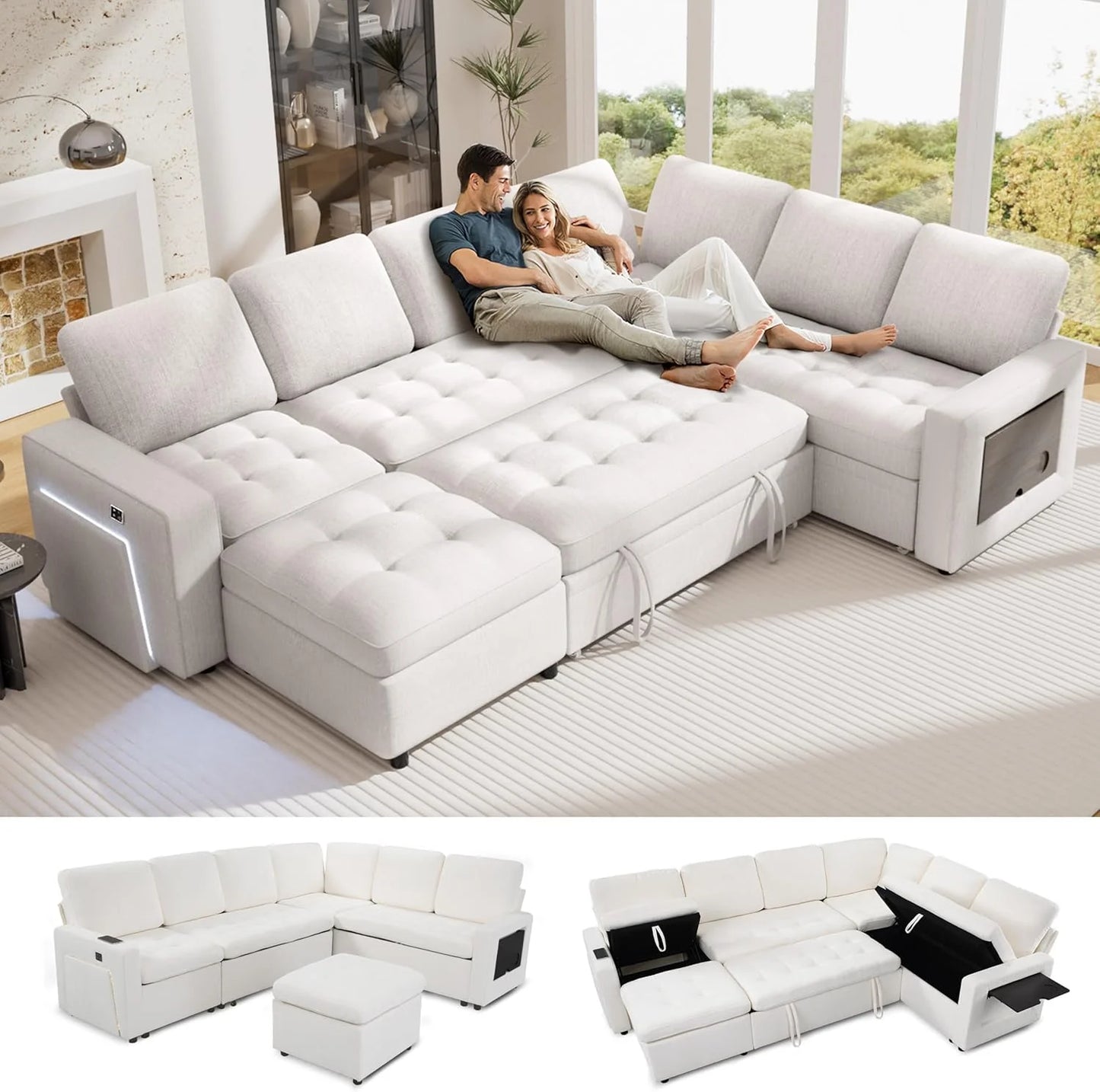 5-in-1 L-Shaped Sleeper Sectional Sofa – Adjustable Backrests, USB/Type-C Charging, LED Lighting & Built-In Side Table