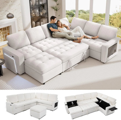5-in-1 L-Shaped Sleeper Sectional Sofa – Adjustable Backrests, USB/Type-C Charging, LED Lighting & Built-In Side Table