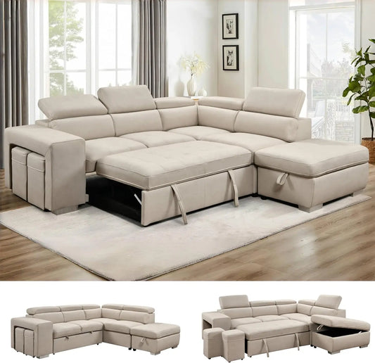 Convertible L-Shaped Sleeper Sectional with Storage Ottoman, Adjustable Headrests & Pet-Friendly Microfiber