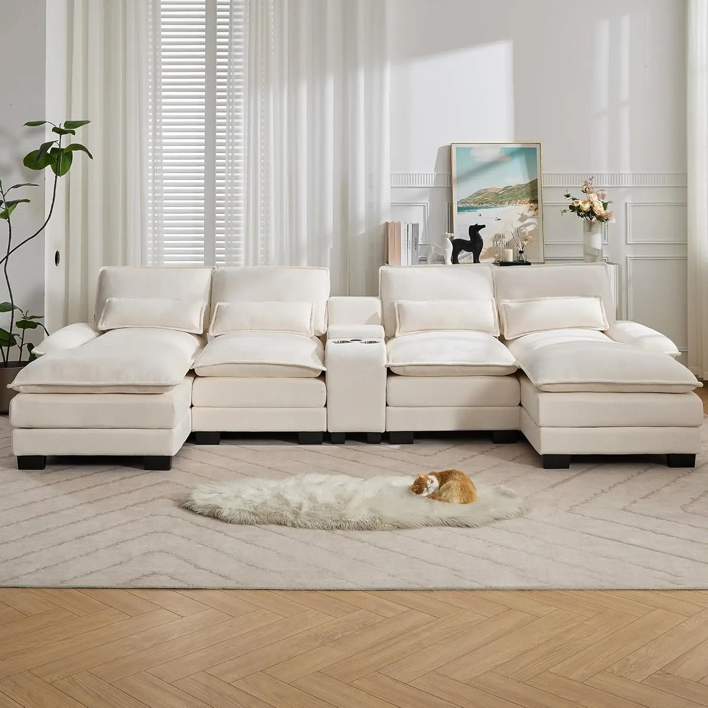 Luxury Deep-Seat U-Shaped Modular Cloud Sectional with Double Chaises & Storage Console