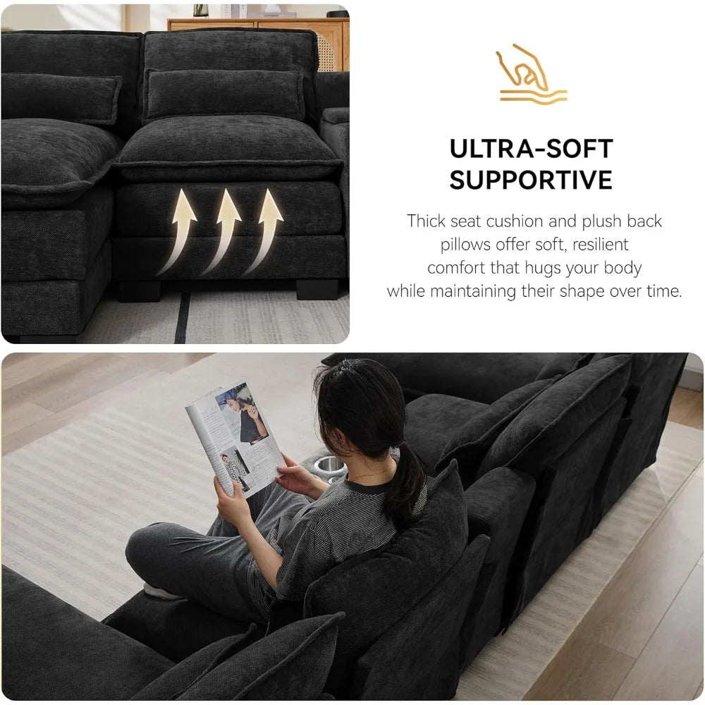 Luxury Deep-Seat U-Shaped Modular Cloud Sectional with Double Chaises & Storage Console