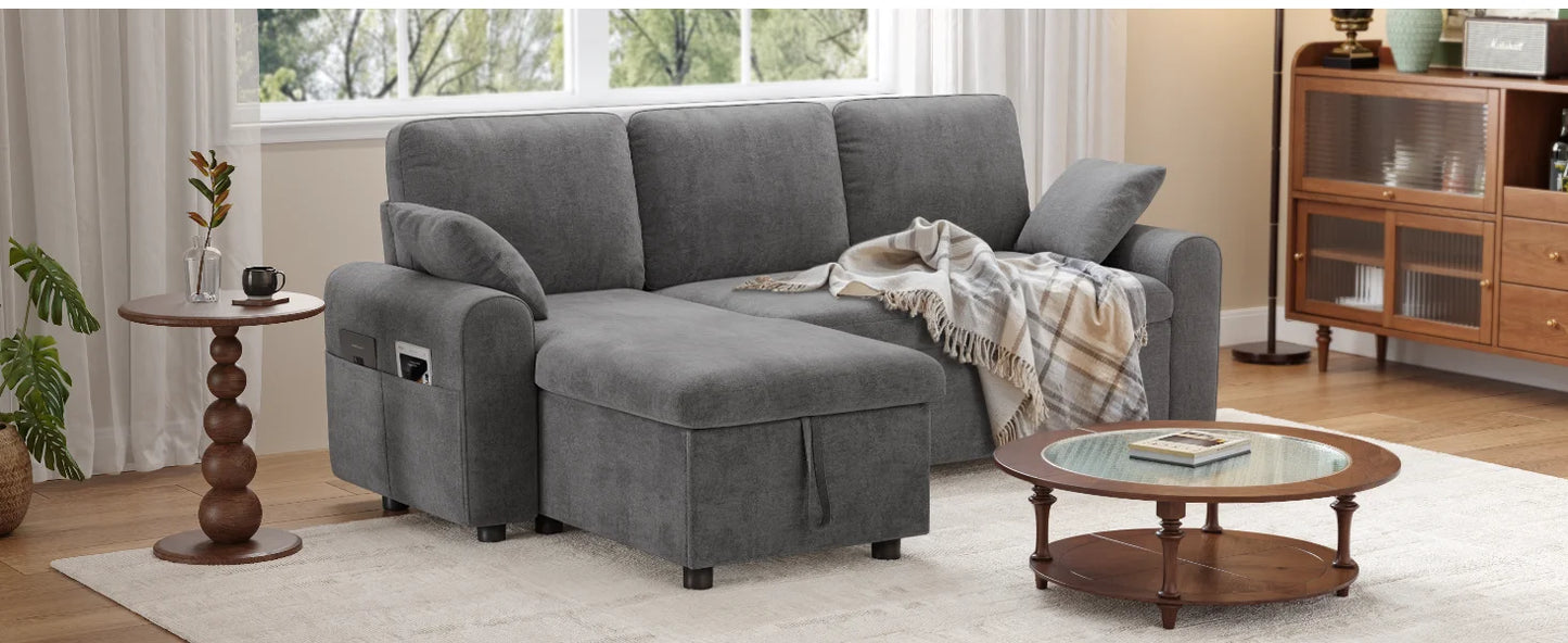 Convertible L-Shaped Sleeper Sofa with Storage Chaise, Stain-Resistant Fabric & Pet-Friendly Design