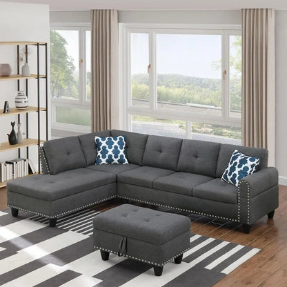Modern L-Shaped Sectional Sofa with Storage Ottoman, Drop-Down Table & Nailhead Trim