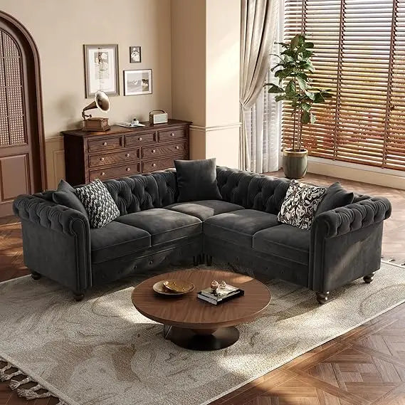 Luxury Velvet Chesterfield L-Shaped Sectional – Classic Button-Tufted Design & Timeless Elegance