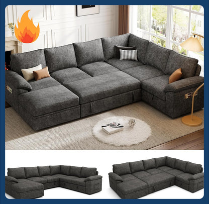 Luxury Chenille Pull-Out Sleeper Sectional with Storage – Cloud Comfort, Rolled Arms & Modern Modular Design