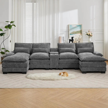 Luxury Deep-Seat U-Shaped Modular Cloud Sectional with Double Chaises & Storage Console