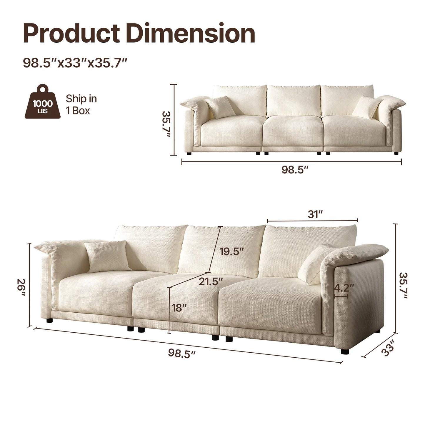 98.5” Modern Cloud Sofa – Deep-Seat Modular Comfort with Minimalist Luxury