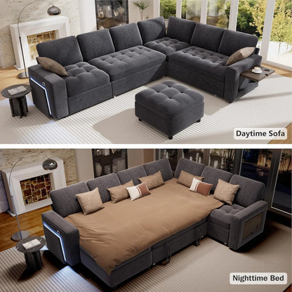 5-in-1 L-Shaped Sleeper Sectional Sofa – Adjustable Backrests, USB/Type-C Charging, LED Lighting & Built-In Side Table
