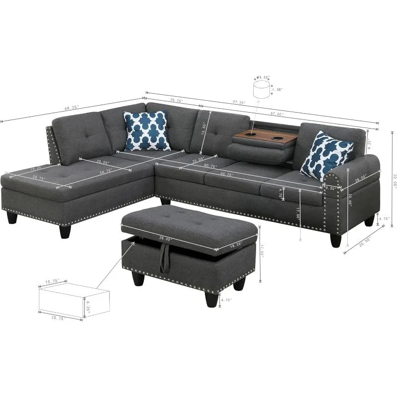 Modern L-Shaped Sectional Sofa with Storage Ottoman, Drop-Down Table & Nailhead Trim