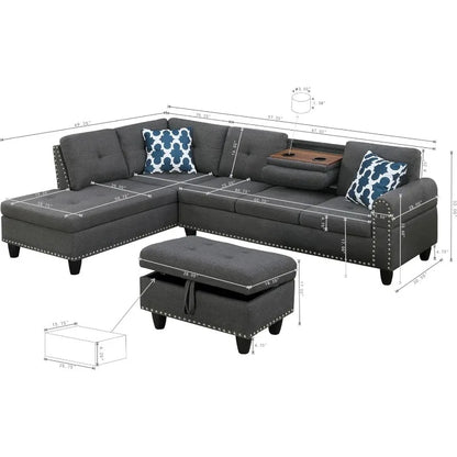 Modern L-Shaped Sectional Sofa with Storage Ottoman, Drop-Down Table & Nailhead Trim