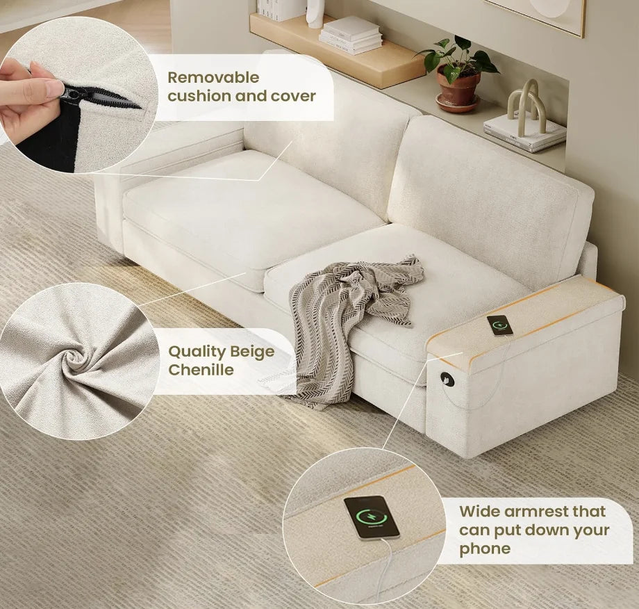 Modern Deep-Seat Sofa with Plush Cushions, USB Charging & Soft Chenille Upholstery