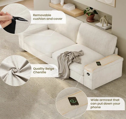 Modern Deep-Seat Sofa with Plush Cushions, USB Charging & Soft Chenille Upholstery