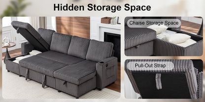 Corduroy Pull-Out Sleeper Sectional with Hidden Storage, USB/Type-C Charging, Cup Holders