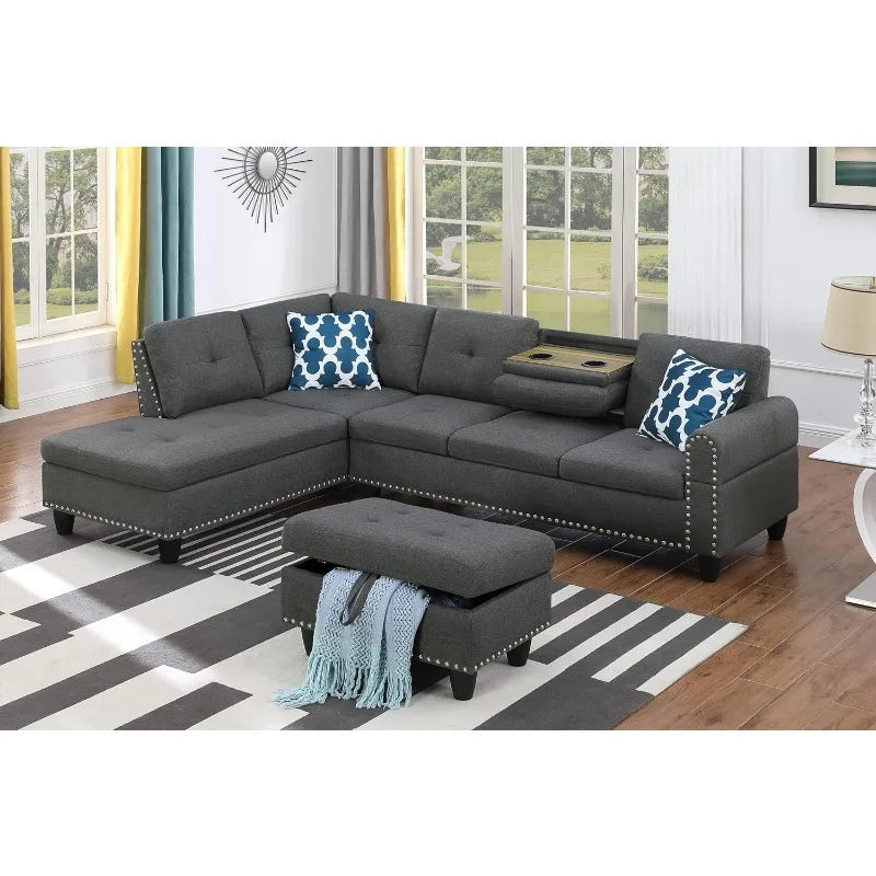 Modern L-Shaped Sectional Sofa with Storage Ottoman, Drop-Down Table & Nailhead Trim