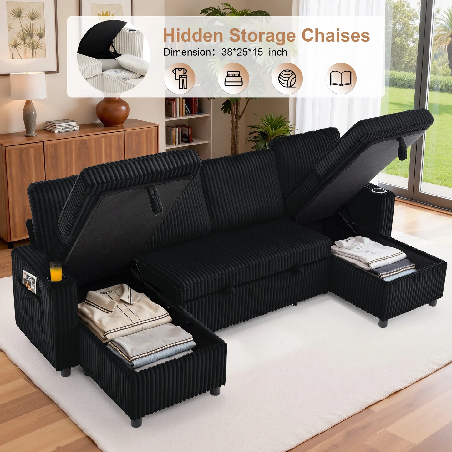 Corduroy Pull-Out Sleeper Sectional with Hidden Storage, USB/Type-C Charging, Cup Holders