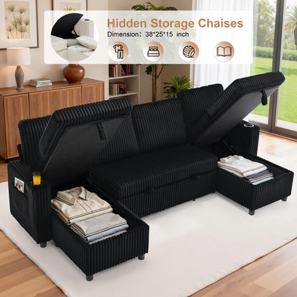 Corduroy Pull-Out Sleeper Sectional with Hidden Storage, USB/Type-C Charging, Cup Holders