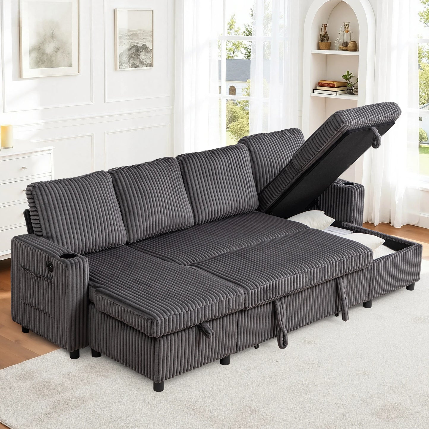 Corduroy Pull-Out Sleeper Sectional with Hidden Storage, USB/Type-C Charging, Cup Holders