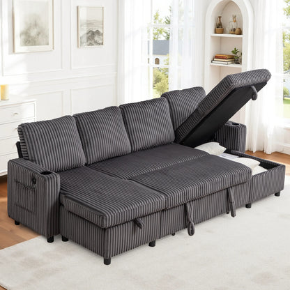 Corduroy Pull-Out Sleeper Sectional with Hidden Storage, USB/Type-C Charging, Cup Holders