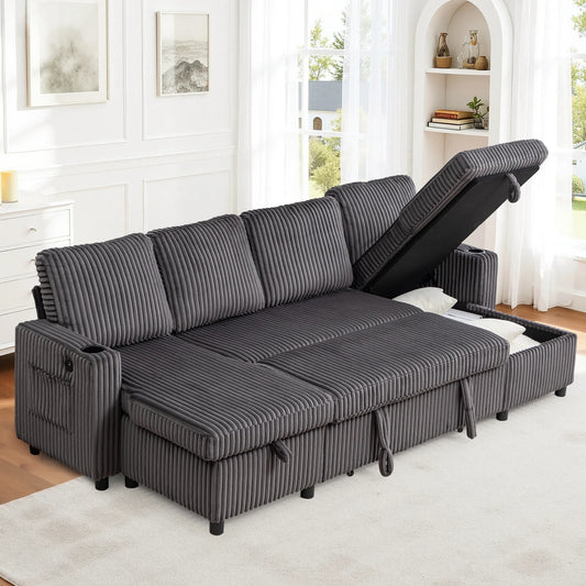 Corduroy Pull-Out Sleeper Sectional with Hidden Storage, USB/Type-C Charging, Cup Holders