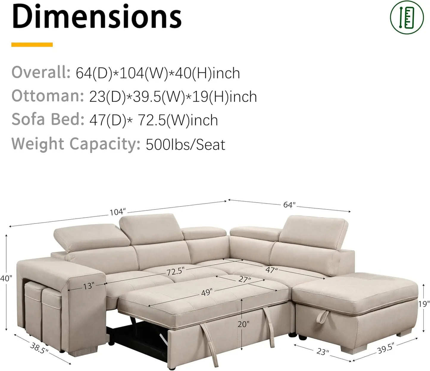 Convertible L-Shaped Sleeper Sectional with Storage Ottoman, Adjustable Headrests & Pet-Friendly Microfiber