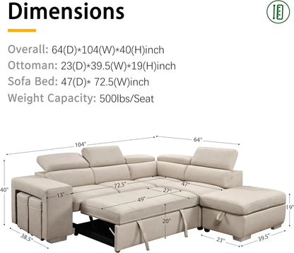Convertible L-Shaped Sleeper Sectional with Storage Ottoman, Adjustable Headrests & Pet-Friendly Microfiber