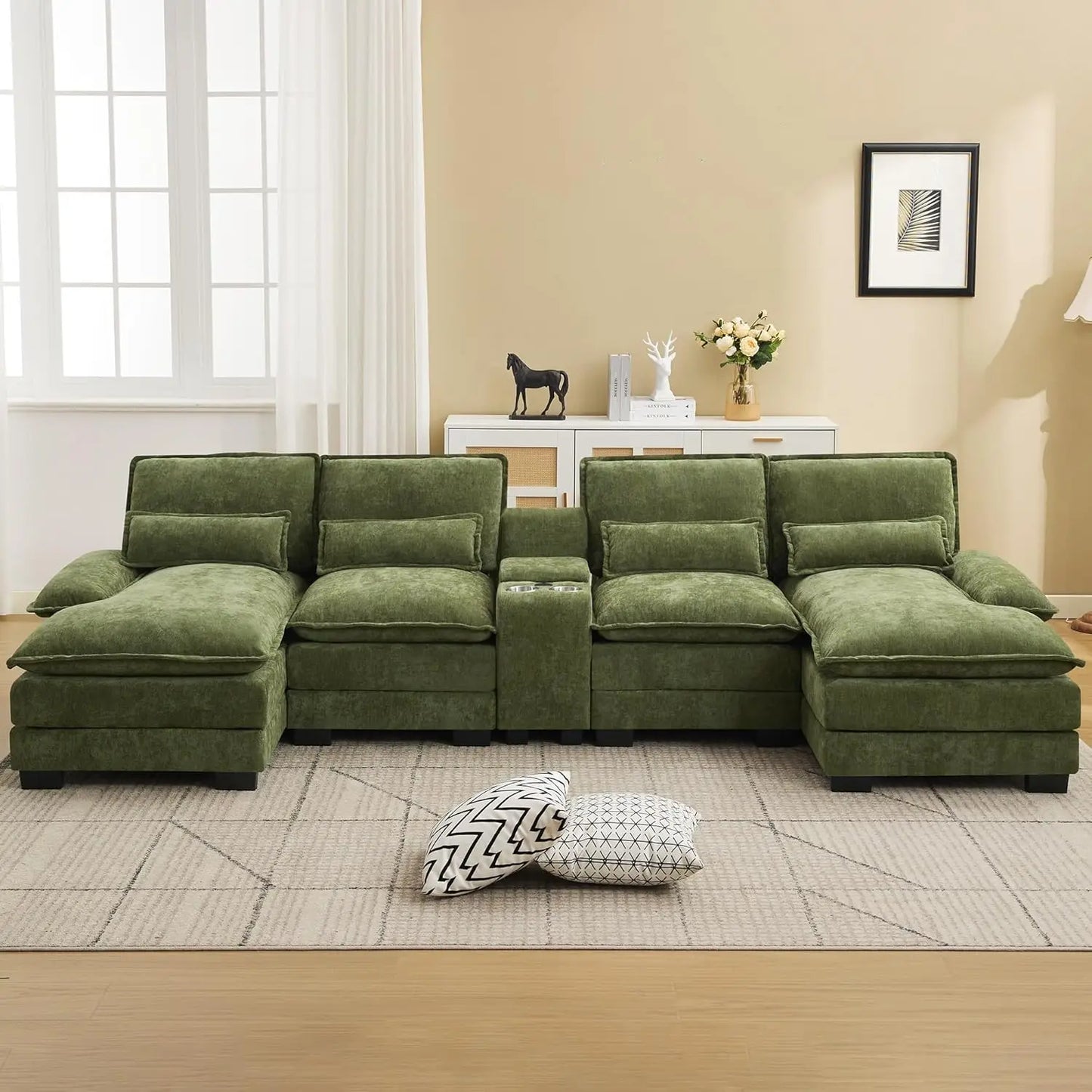 Luxury Deep-Seat U-Shaped Modular Cloud Sectional with Double Chaises & Storage Console