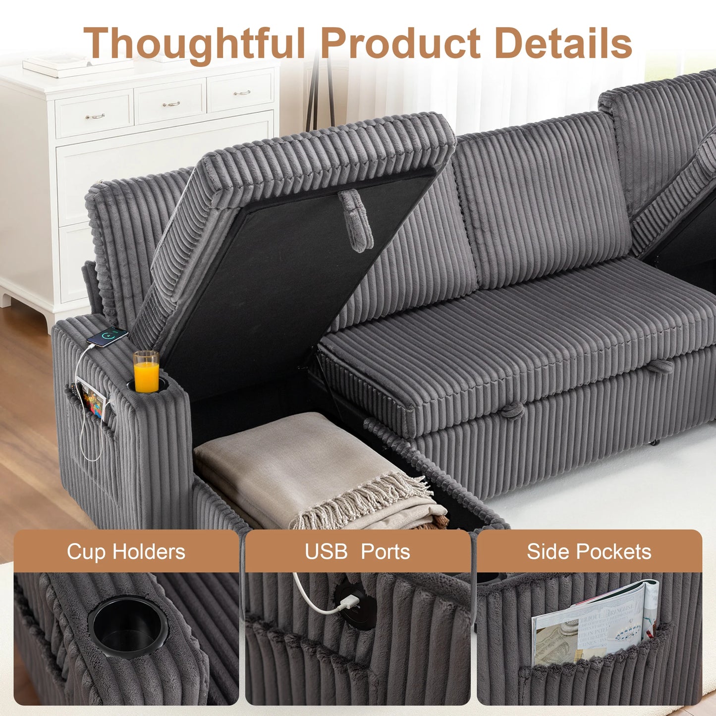Corduroy Pull-Out Sleeper Sectional with Hidden Storage, USB/Type-C Charging, Cup Holders