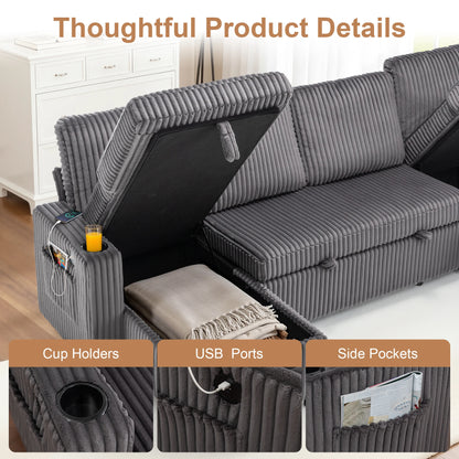 Corduroy Pull-Out Sleeper Sectional with Hidden Storage, USB/Type-C Charging, Cup Holders