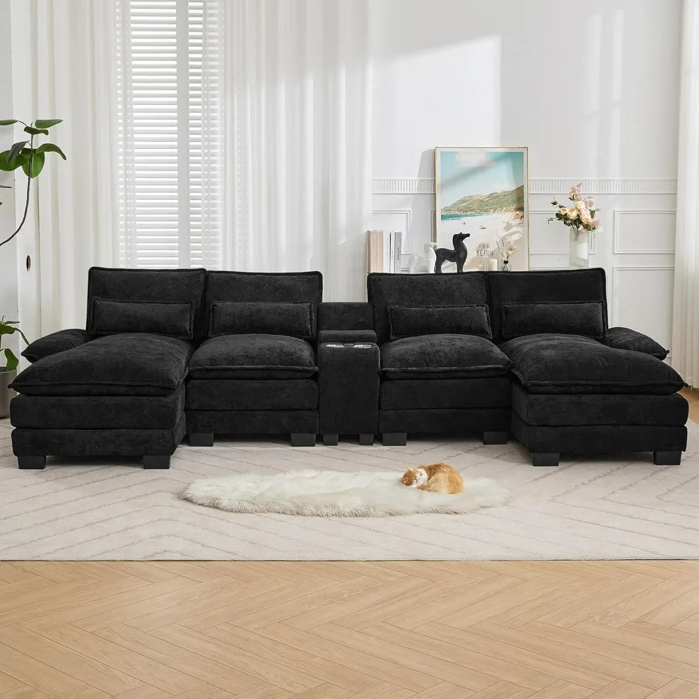 Luxury Deep-Seat U-Shaped Modular Cloud Sectional with Double Chaises & Storage Console