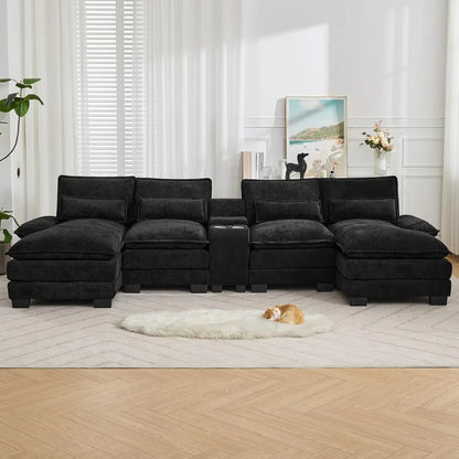 Luxury Deep-Seat U-Shaped Modular Cloud Sectional with Double Chaises & Storage Console