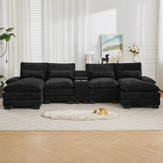 Luxury Deep-Seat U-Shaped Modular Cloud Sectional with Double Chaises & Storage Console