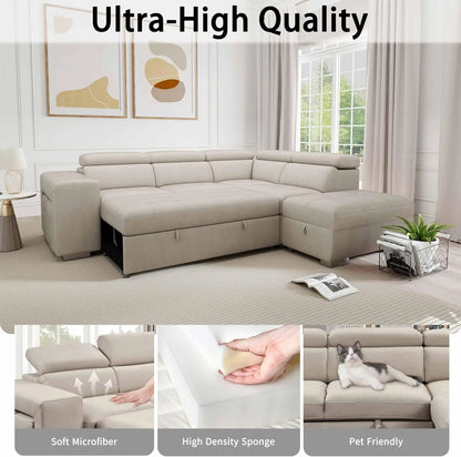 Convertible L-Shaped Sleeper Sectional with Storage Ottoman, Adjustable Headrests & Pet-Friendly Microfiber