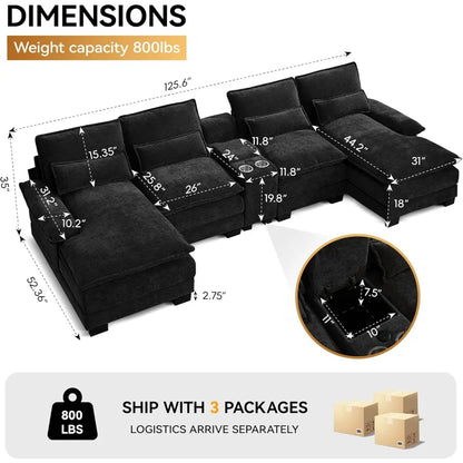 Luxury Deep-Seat U-Shaped Modular Cloud Sectional with Double Chaises & Storage Console