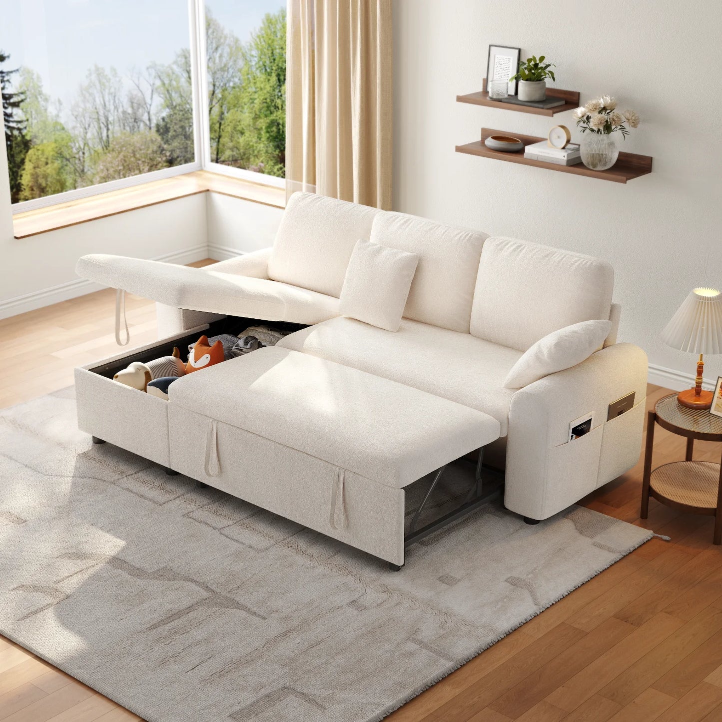 Convertible L-Shaped Sleeper Sofa with Storage Chaise, Stain-Resistant Fabric & Pet-Friendly Design