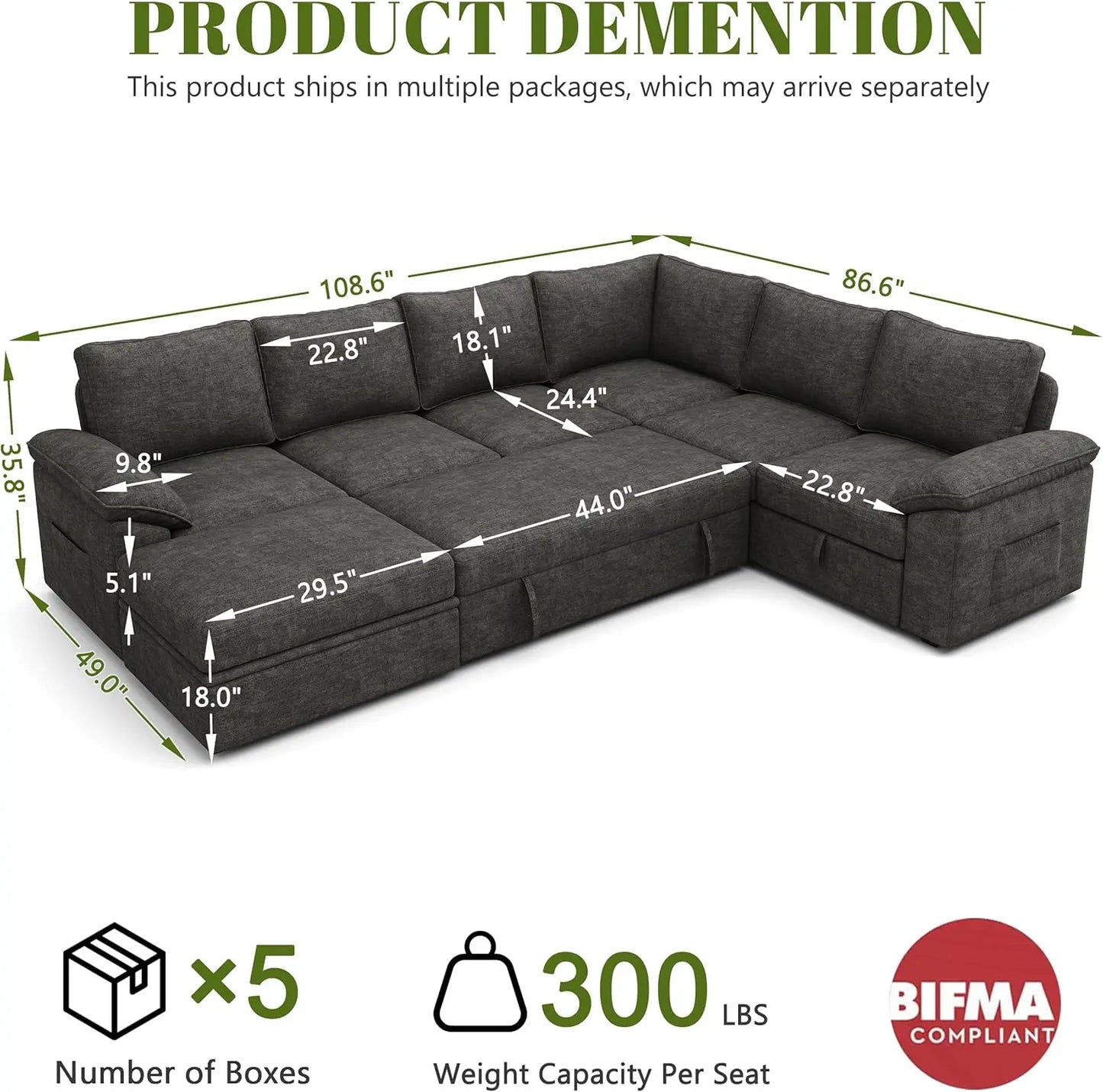 Luxury Chenille Pull-Out Sleeper Sectional with Storage – Cloud Comfort, Rolled Arms & Modern Modular Design