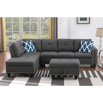 Modern L-Shaped Sectional Sofa with Storage Ottoman, Drop-Down Table & Nailhead Trim