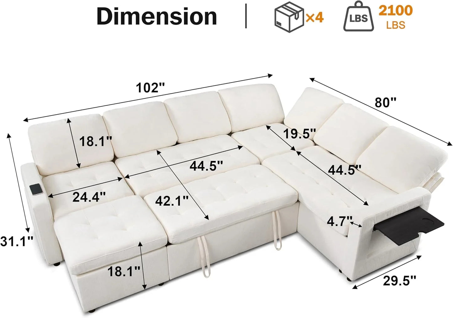 5-in-1 L-Shaped Sleeper Sectional Sofa – Adjustable Backrests, USB/Type-C Charging, LED Lighting & Built-In Side Table