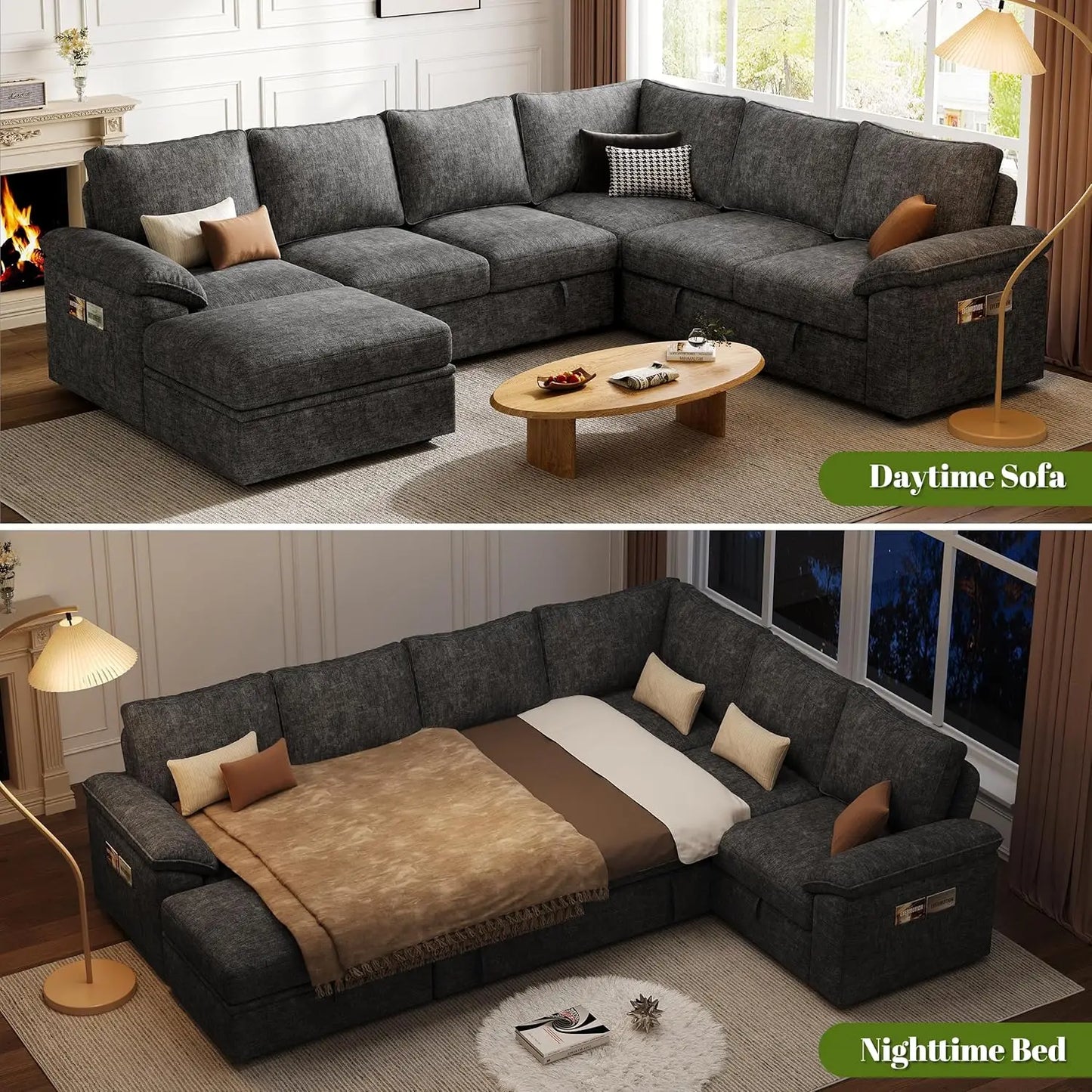 Luxury Chenille Pull-Out Sleeper Sectional with Storage – Cloud Comfort, Rolled Arms & Modern Modular Design