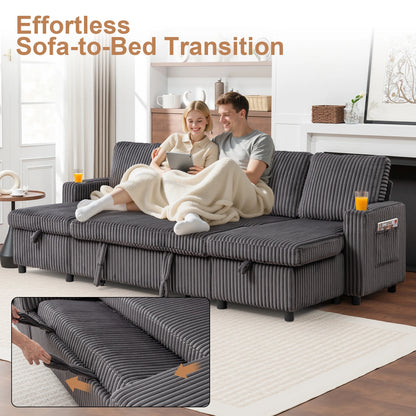 Corduroy Pull-Out Sleeper Sectional with Hidden Storage, USB/Type-C Charging, Cup Holders