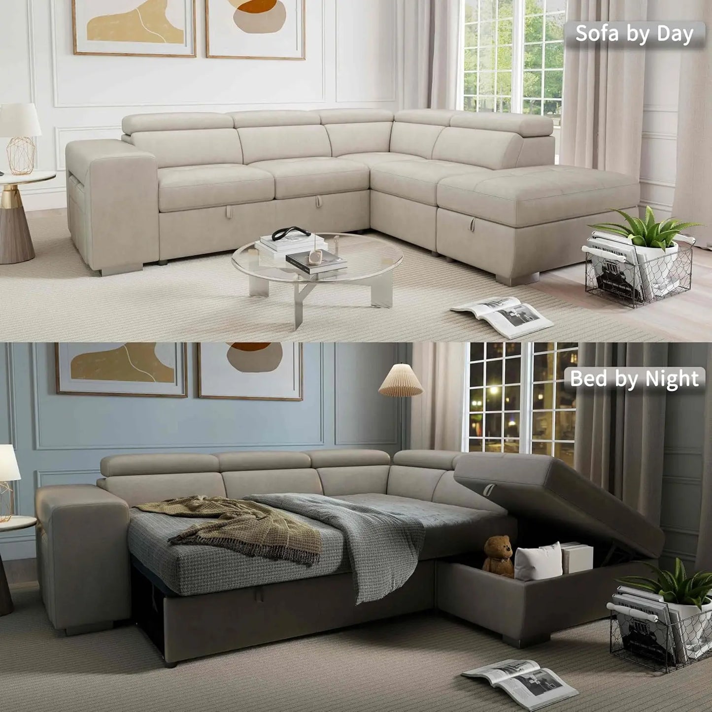 Convertible L-Shaped Sleeper Sectional with Storage Ottoman, Adjustable Headrests & Pet-Friendly Microfiber