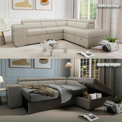 Convertible L-Shaped Sleeper Sectional with Storage Ottoman, Adjustable Headrests & Pet-Friendly Microfiber