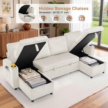 Corduroy Pull-Out Sleeper Sectional with Hidden Storage, USB/Type-C Charging, Cup Holders