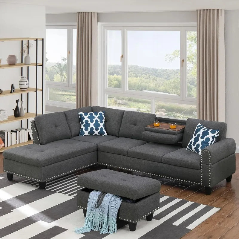 Modern L-Shaped Sectional Sofa with Storage Ottoman, Drop-Down Table & Nailhead Trim