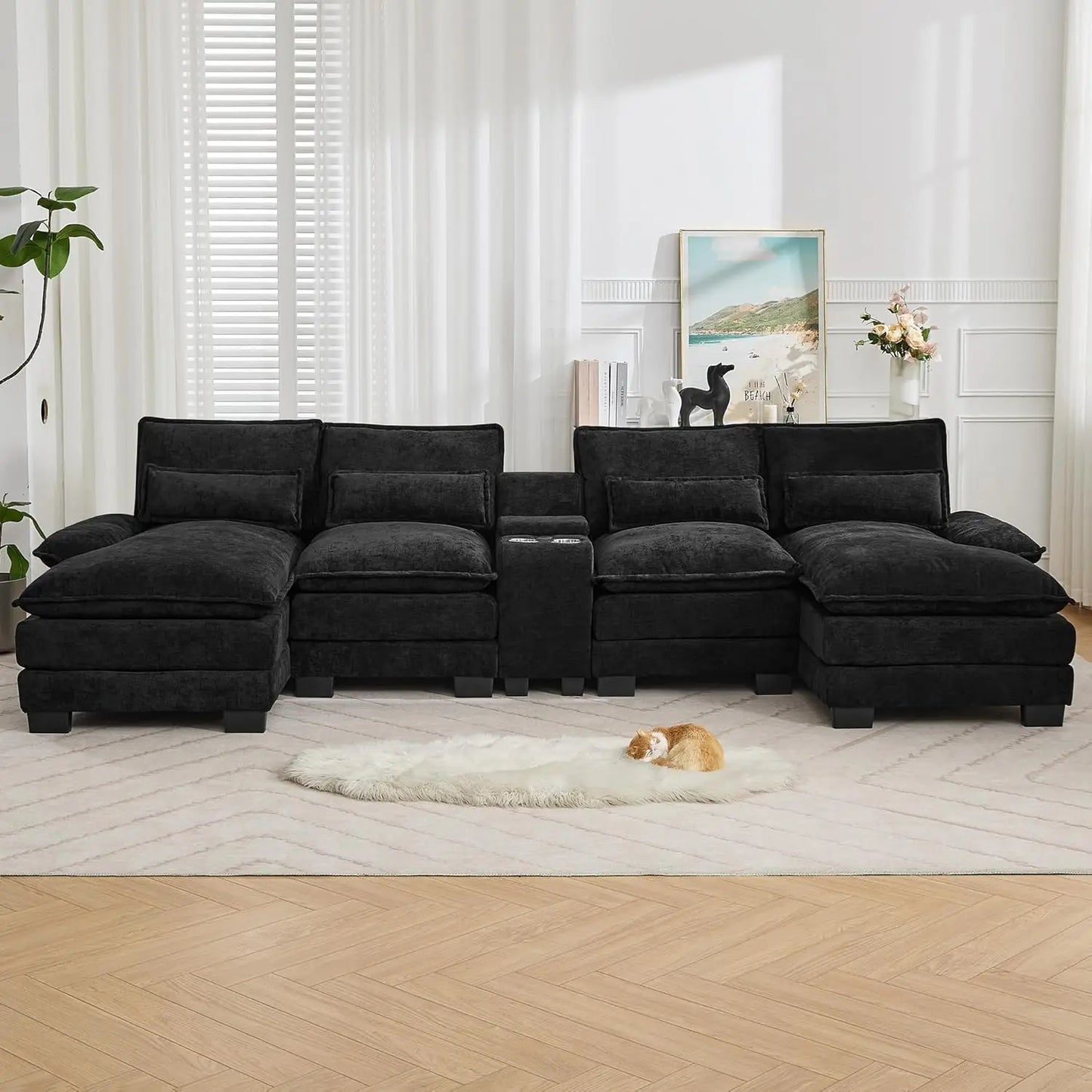 Luxury Deep-Seat U-Shaped Modular Cloud Sectional with Double Chaises & Storage Console