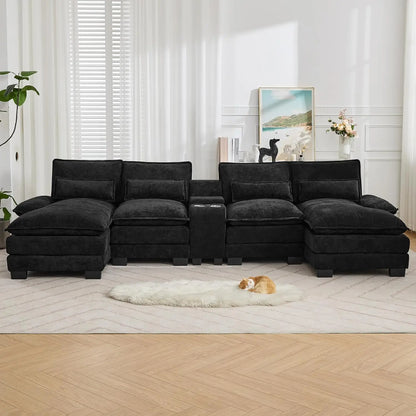 Luxury Deep-Seat U-Shaped Modular Cloud Sectional with Double Chaises & Storage Console
