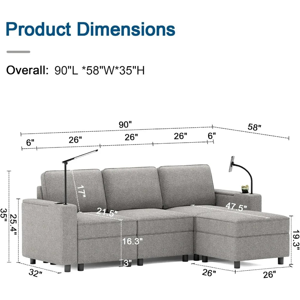 Smart Modular Cloud Sectional Sofa with Storage, Power Grommets, Cup Holders & Customizable Layout