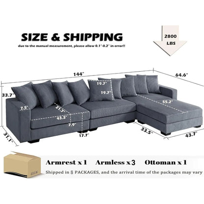 Oversized Modular Corduroy Sectional Sofa – Deep Seats, Sleeper Function & Removable Covers