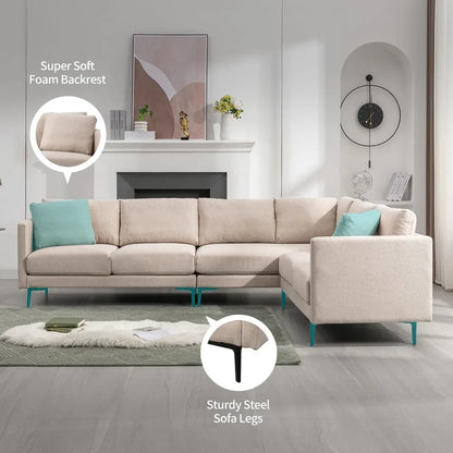 Modern L-Shaped Linen Sectional Sofa – Breathable Fabric, Memory Foam Comfort & Durable Steel Legs